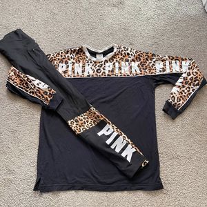 PINK Victoria’s Secret Color Block Long Sleeve Cheetah Campus Tee SZ Small